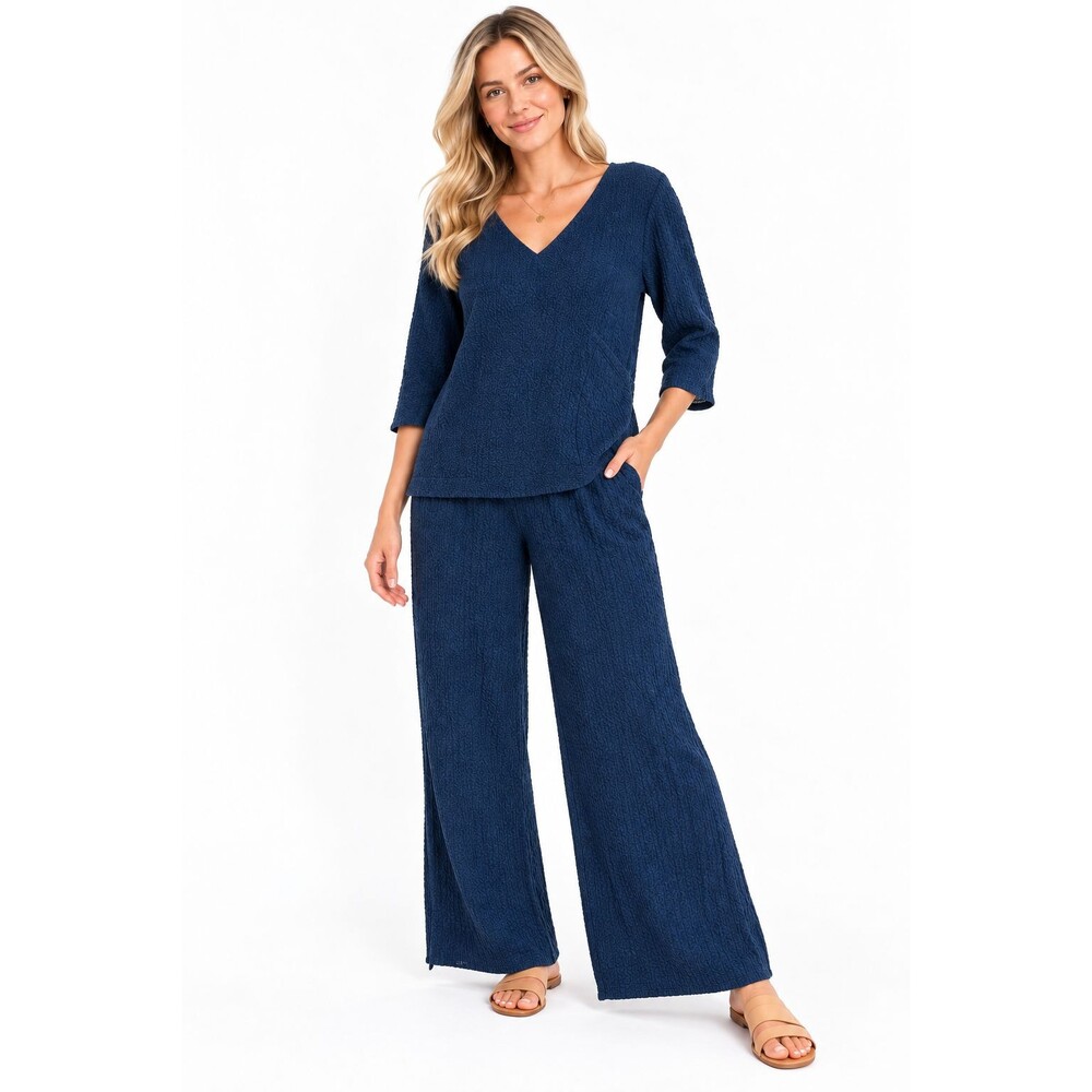 Soft Surroundings Top Pants Outfit Blue Crinkle Wide Leg Petite Medium Textured